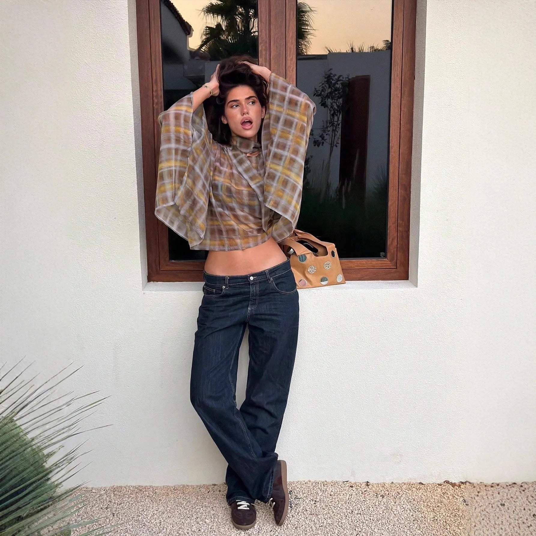 Boho Tartan Sheer Oversized Shirt, Cold Shoulder Batwing Long Sleeve Loose Plaid Blouse for Daily Outfit