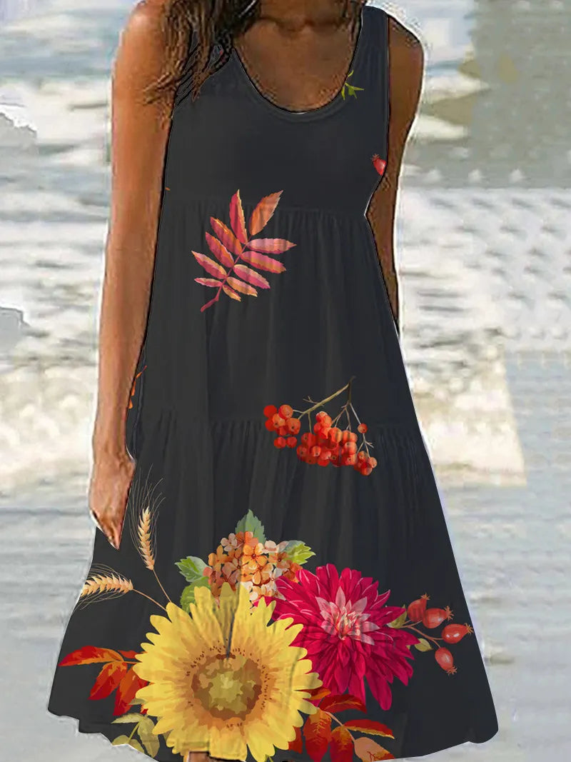 Floral Print Sleeveless Round Neck Tiered Midi Dress