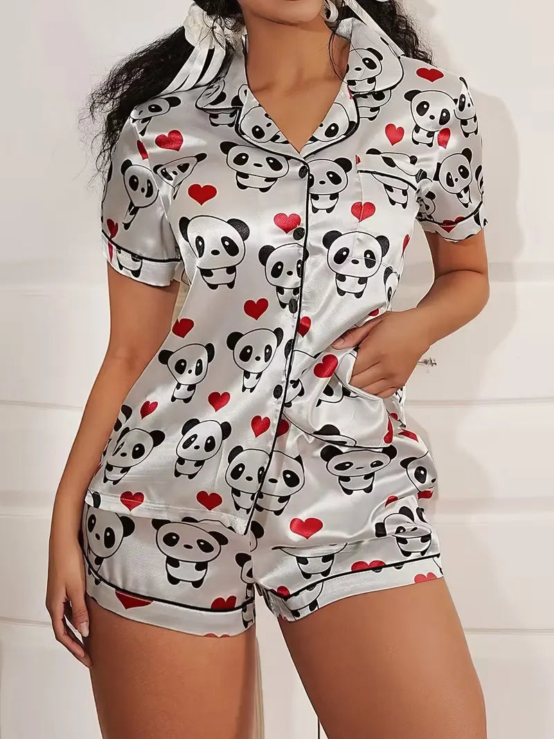 Ladies Plus Size Friendly Satin Pajama Set Cute Panda Heart Pattern Short Sleeve Top & Elastic Shorts Nightwear