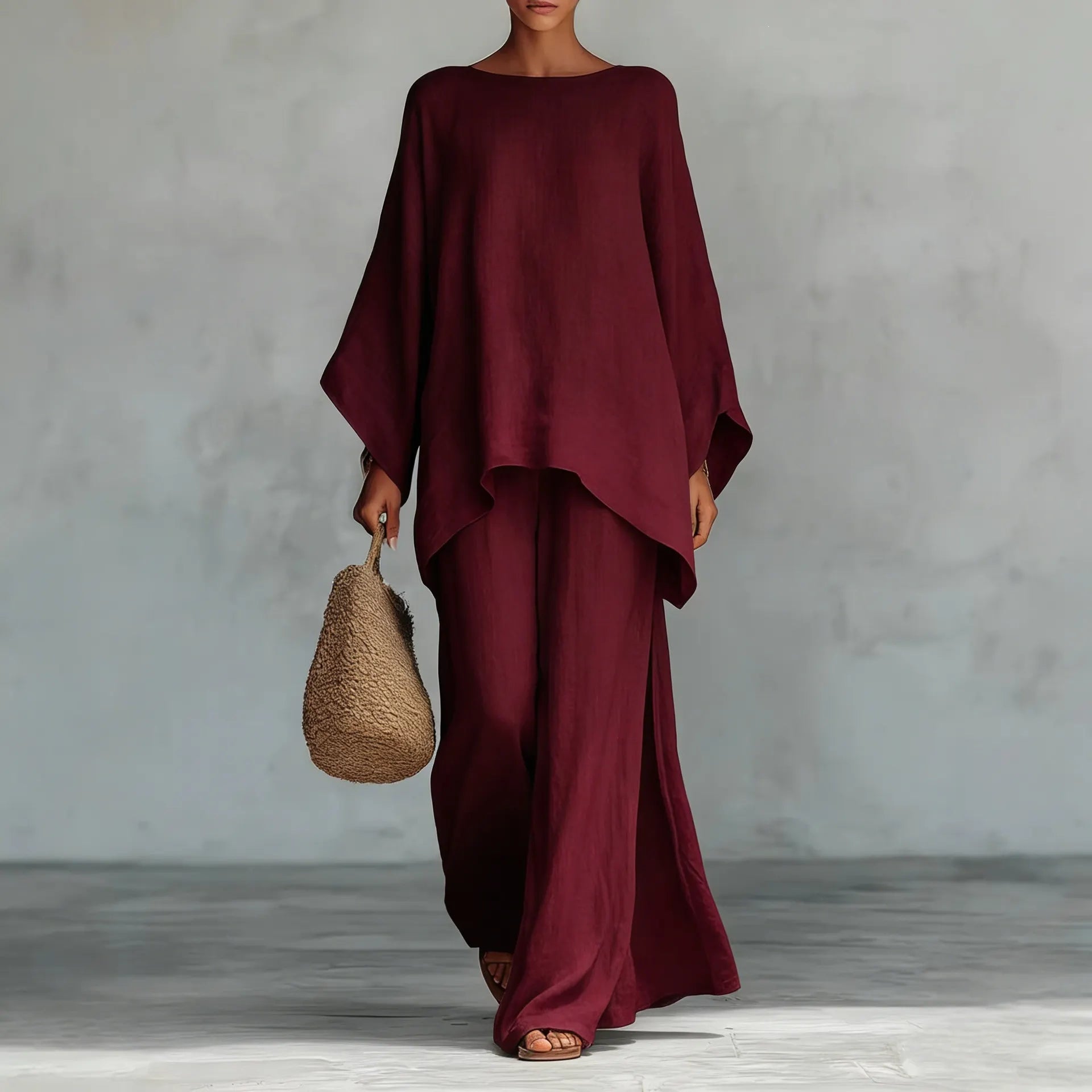 White Linen-Blend Oversized Top & Wide-Leg Pants Set