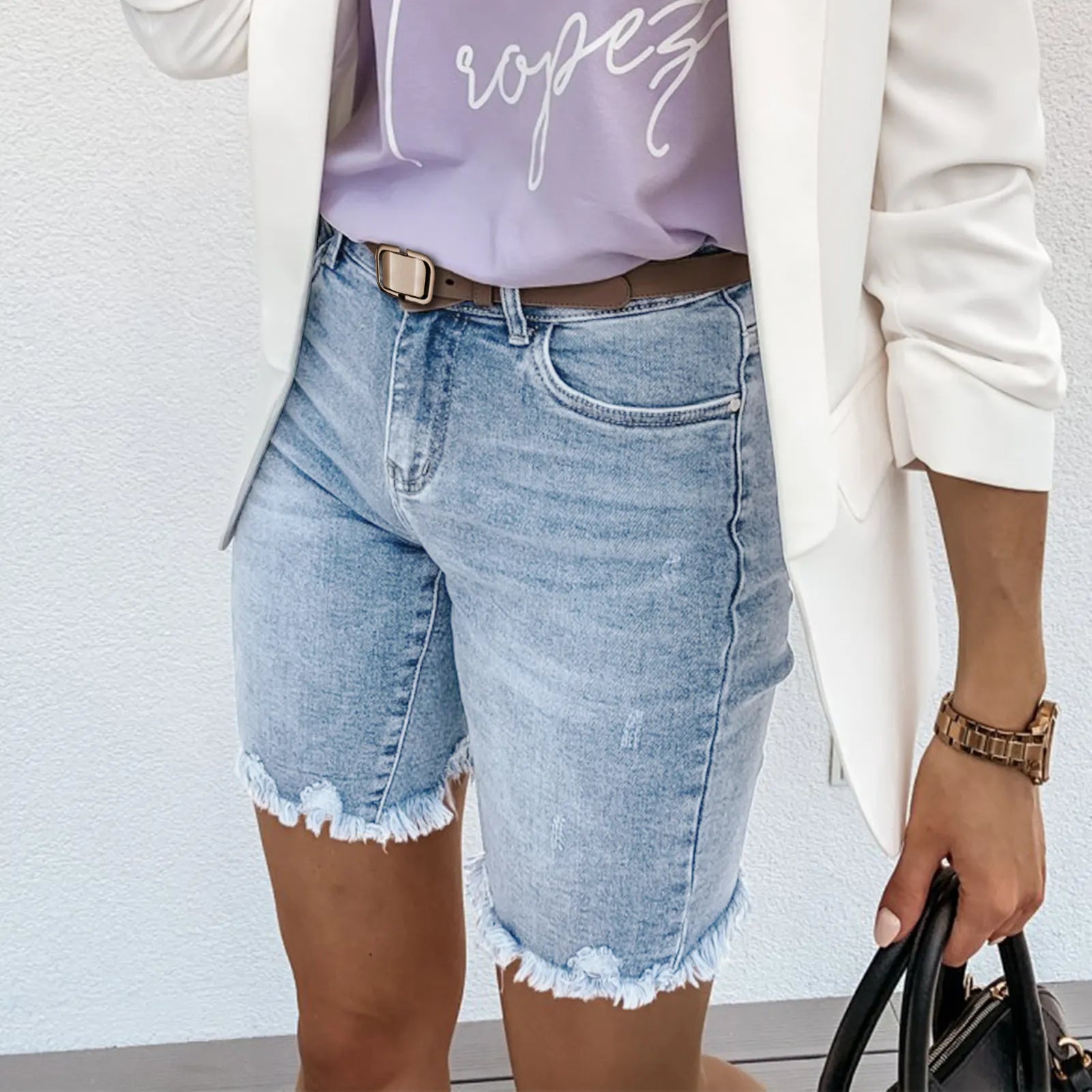 Frayed Raw Hem Denim Bermuda Shorts