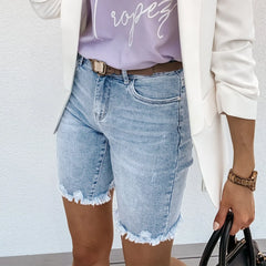 Frayed Raw Hem Denim Bermuda Shorts