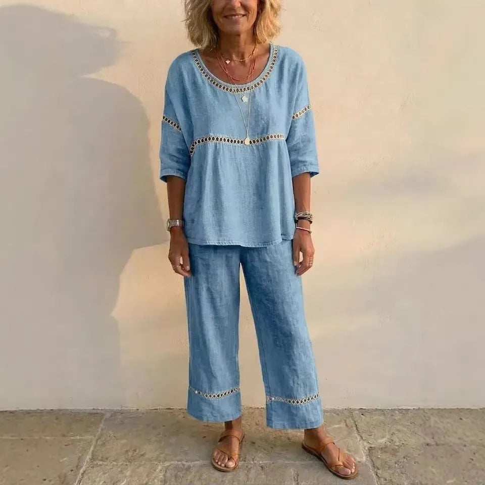 Linen Blend Eyelet 2-Piece Set, Round Neck Blouse and Wide Leg Pants