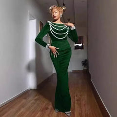 Solid Pearl Beaded Round Neck Long Sleeve High Waist Velvet Mermaid Maxi Dress