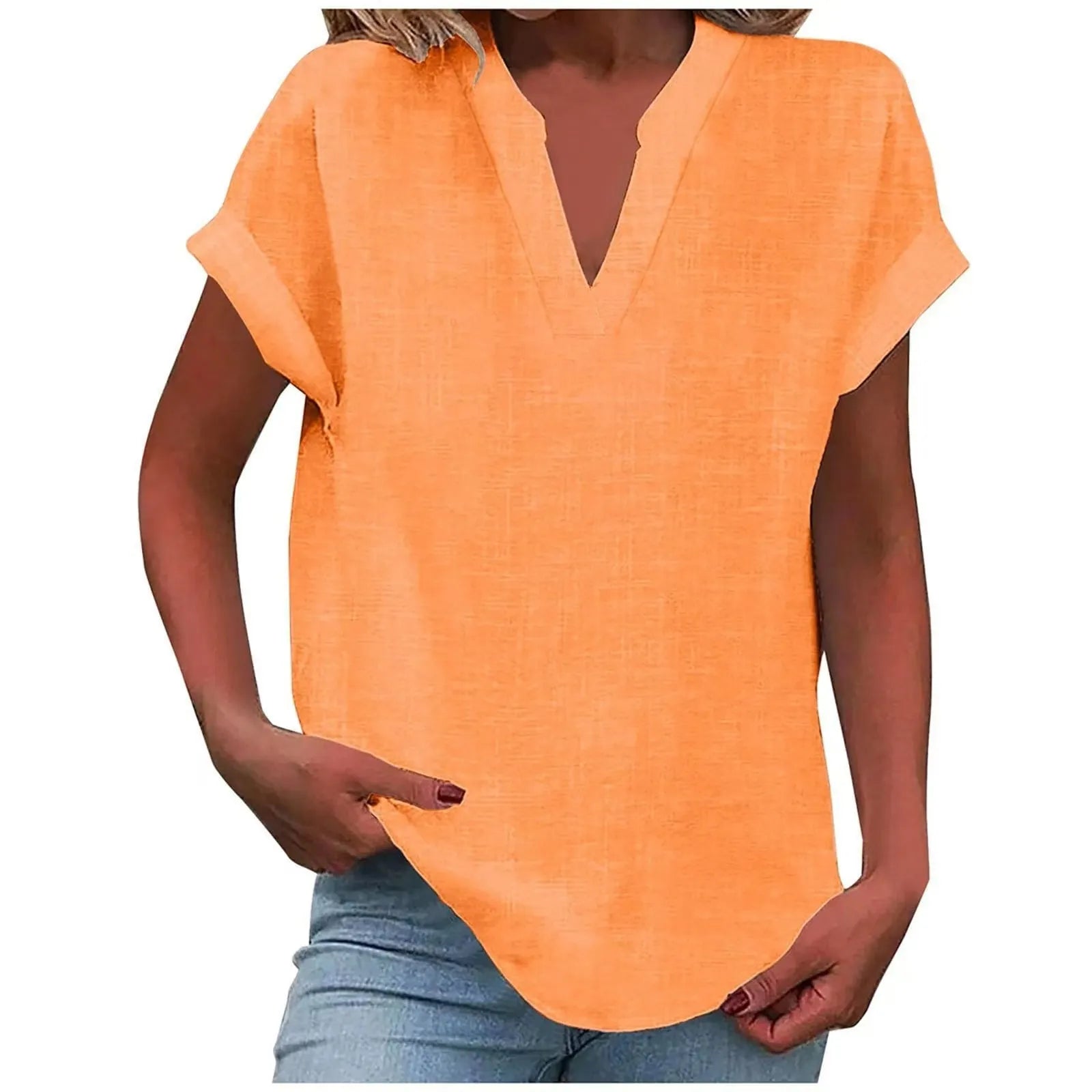 Notched V Neck Cuffed Short Sleeve Loose Cotton Linen Blouse