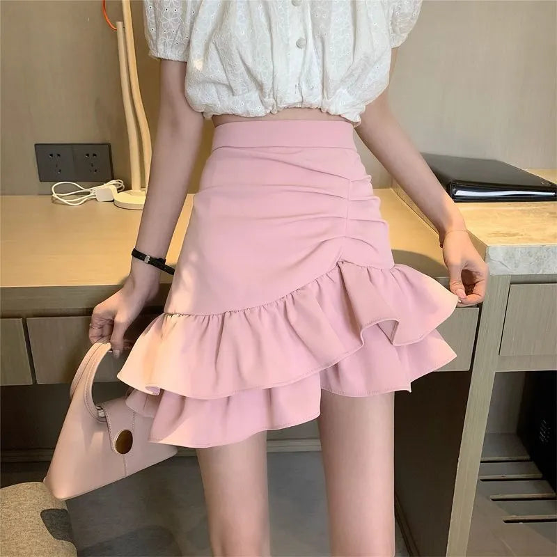 High-Waisted Ruched Ruffle Mini Skirt