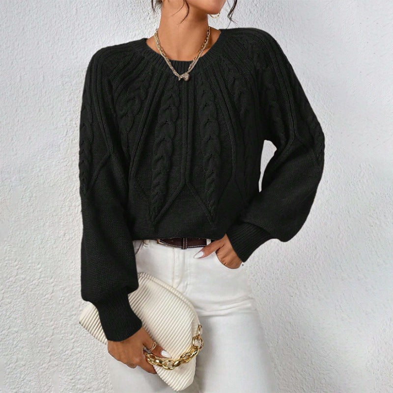 Crew Neck Cable Knit Sweater, Long Lantern Sleeve Loose Solid Pullover