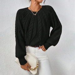 Crew Neck Cable Knit Sweater, Long Lantern Sleeve Loose Solid Pullover