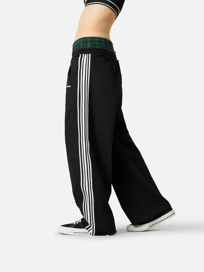 Plaid Waistband Stripe Wide Leg Grey Sweatpants