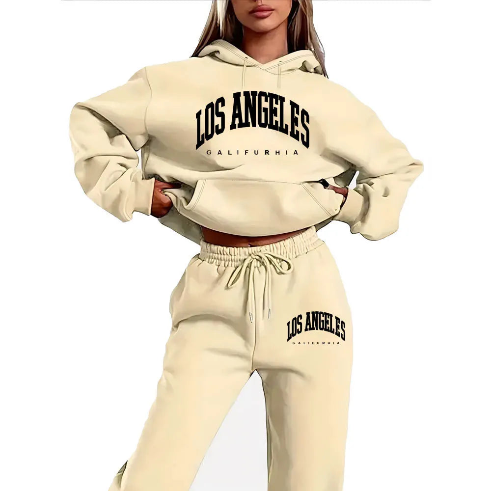 Los Angeles Letter Print Hoodie & Drawstring Sweatpants Two Piece Tracksuit