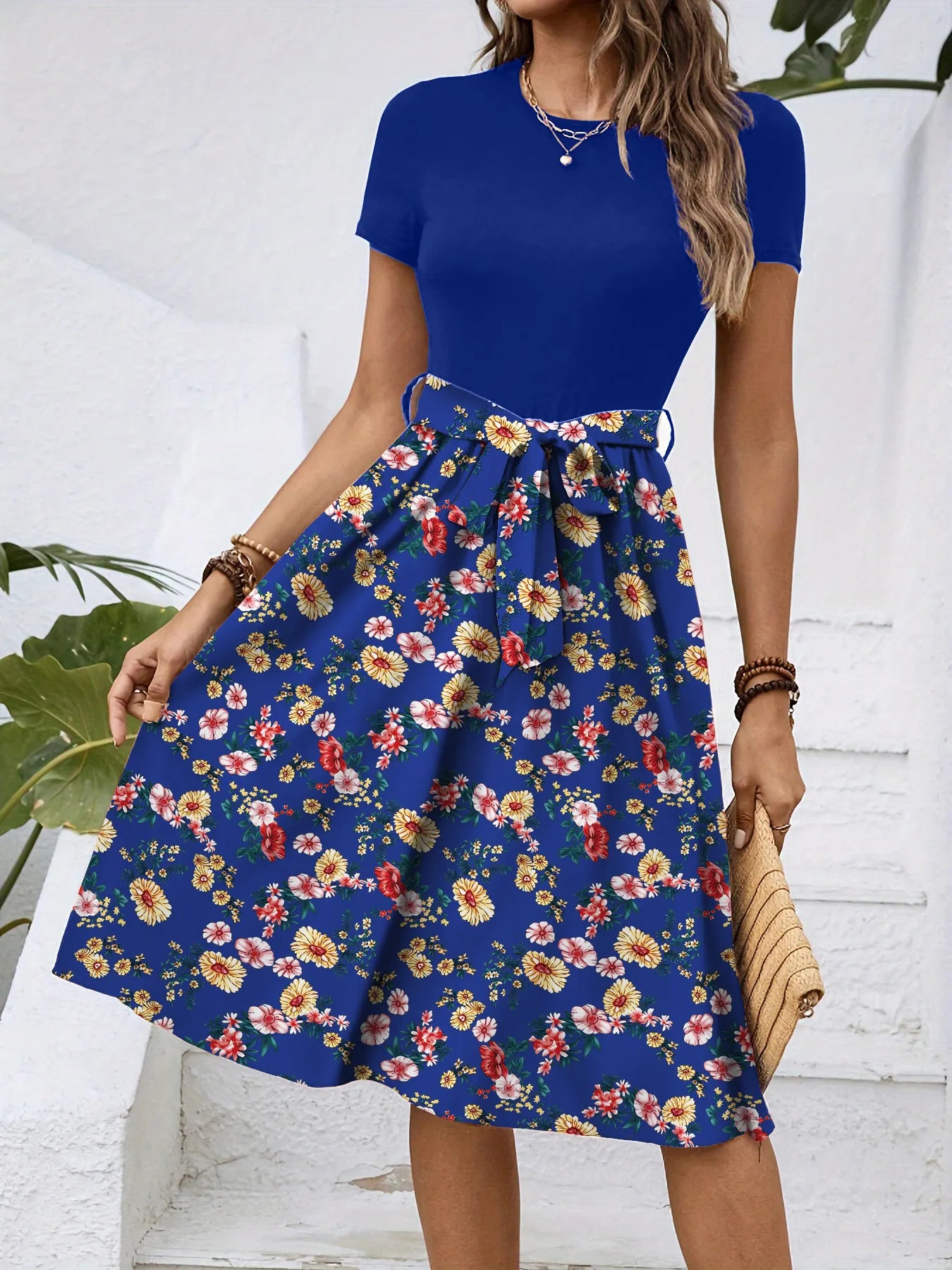 Color Block Floral Tie Waist A-Line Midi Dress Round Neck Short Sleeve Elegant Campus Daily Dress