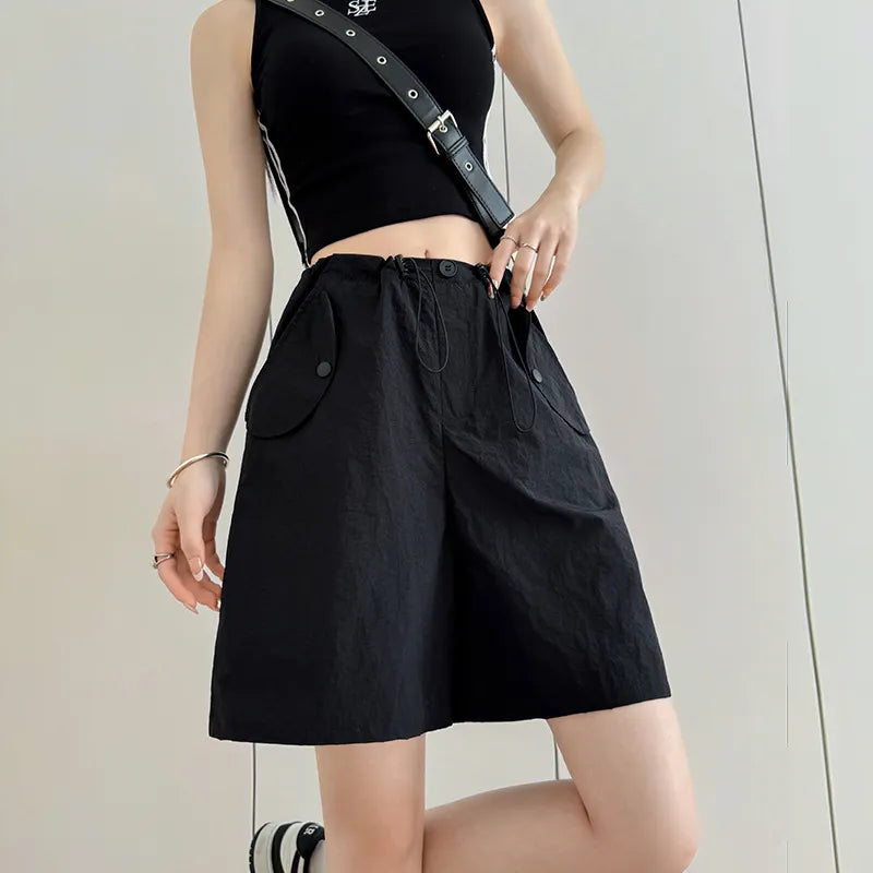 High Waist Drawstring Micro-Stretch Loose Straight Five-Point Shorts