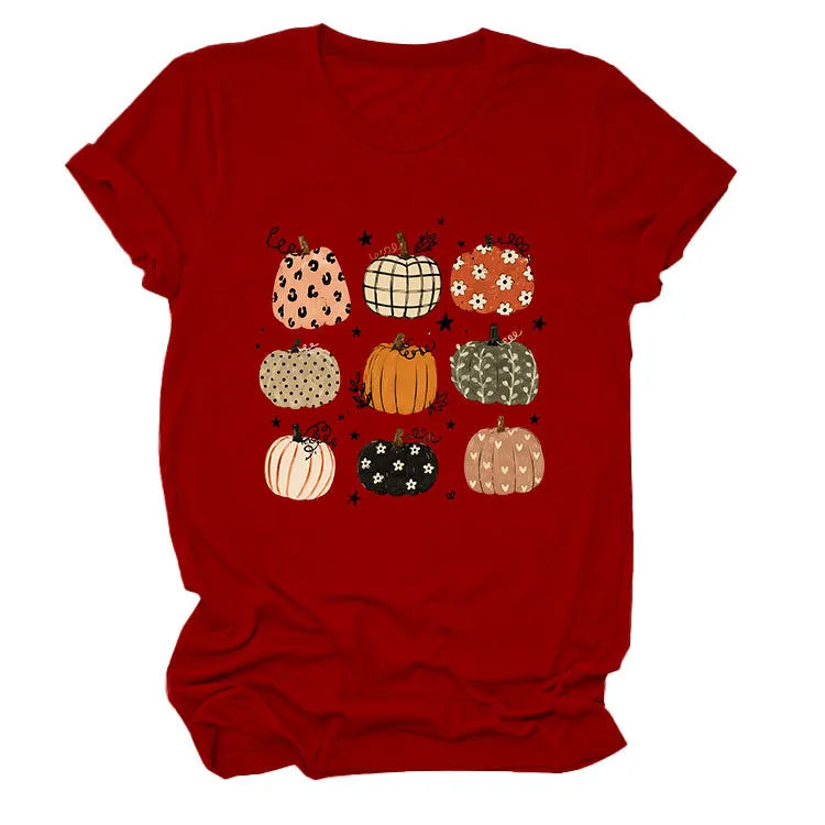 Leopard Floral Plaid Pumpkin Casual Short Sleeve Tee