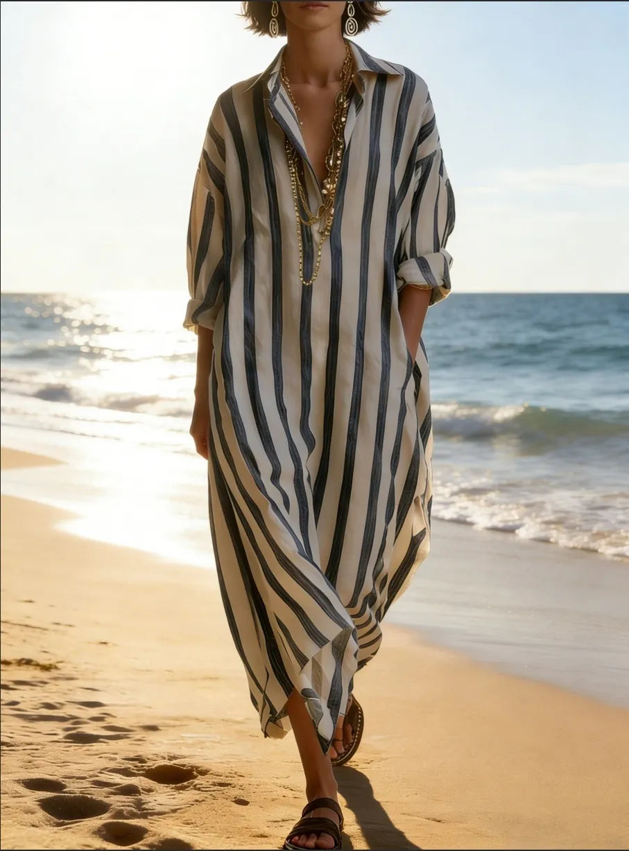 Striped Oversized Lapel Shirt Maxi Dress