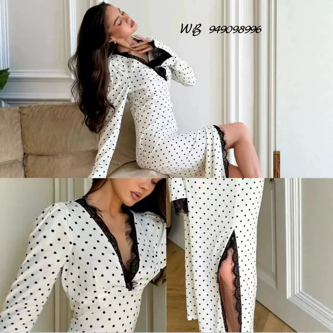 V-neck Polka Dot Lace Trim Long Midi Dress