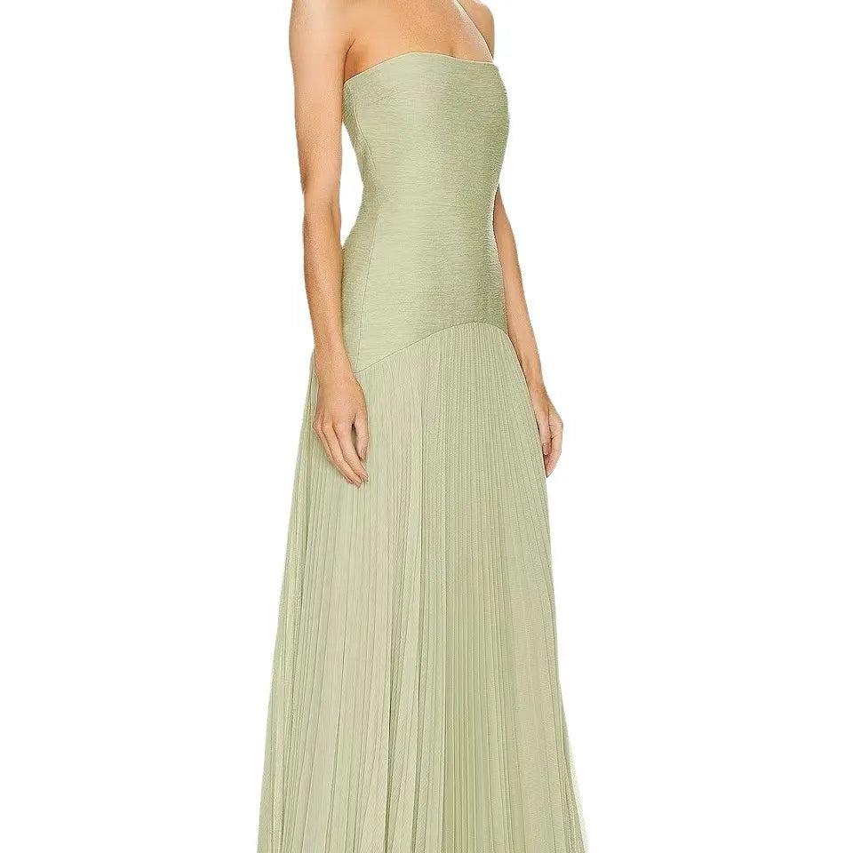 Strapless Solid Color Pleated Slim Fit Maxi Dress