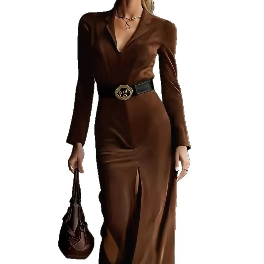 Brown Suede Lapel Long Sleeve Midi Dress With Belt
