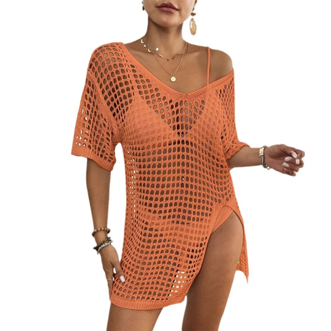 Solid Hollow Out V-Neck Short Sleeve Beach Cover-Up Mini Dress