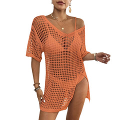 Solid Hollow Out V-Neck Short Sleeve Beach Cover-Up Mini Dress