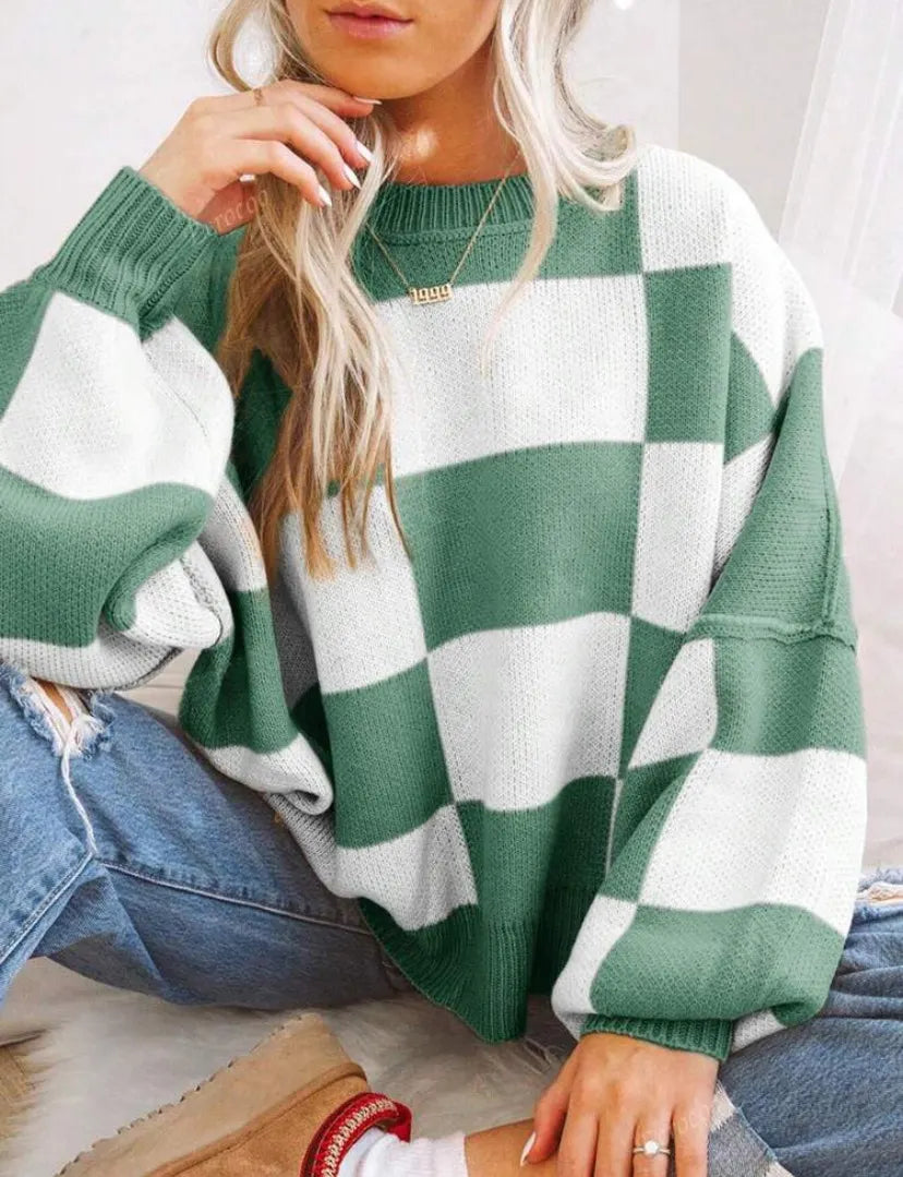 Checkerboard Color Block Crew Neck Loose Pullover Sweater