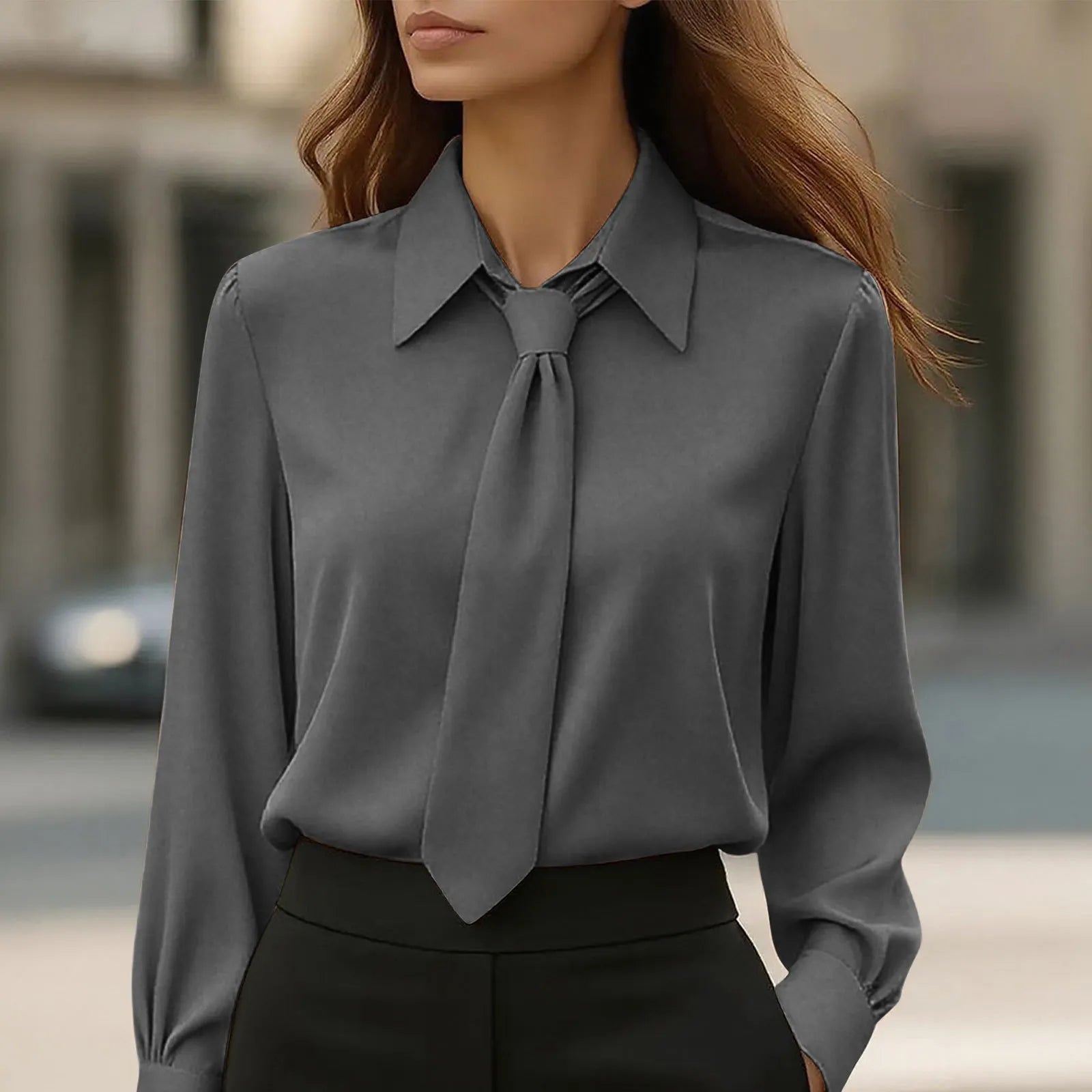 Lapel Tie Neck Solid Soft Satin Long Sleeve Commuter Blouse