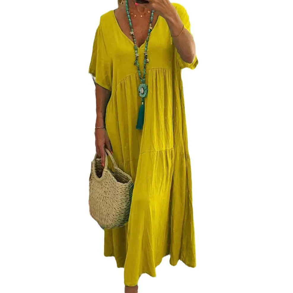 Solid Color V-Neck Short Sleeve Loose Tiered Maxi Dress
