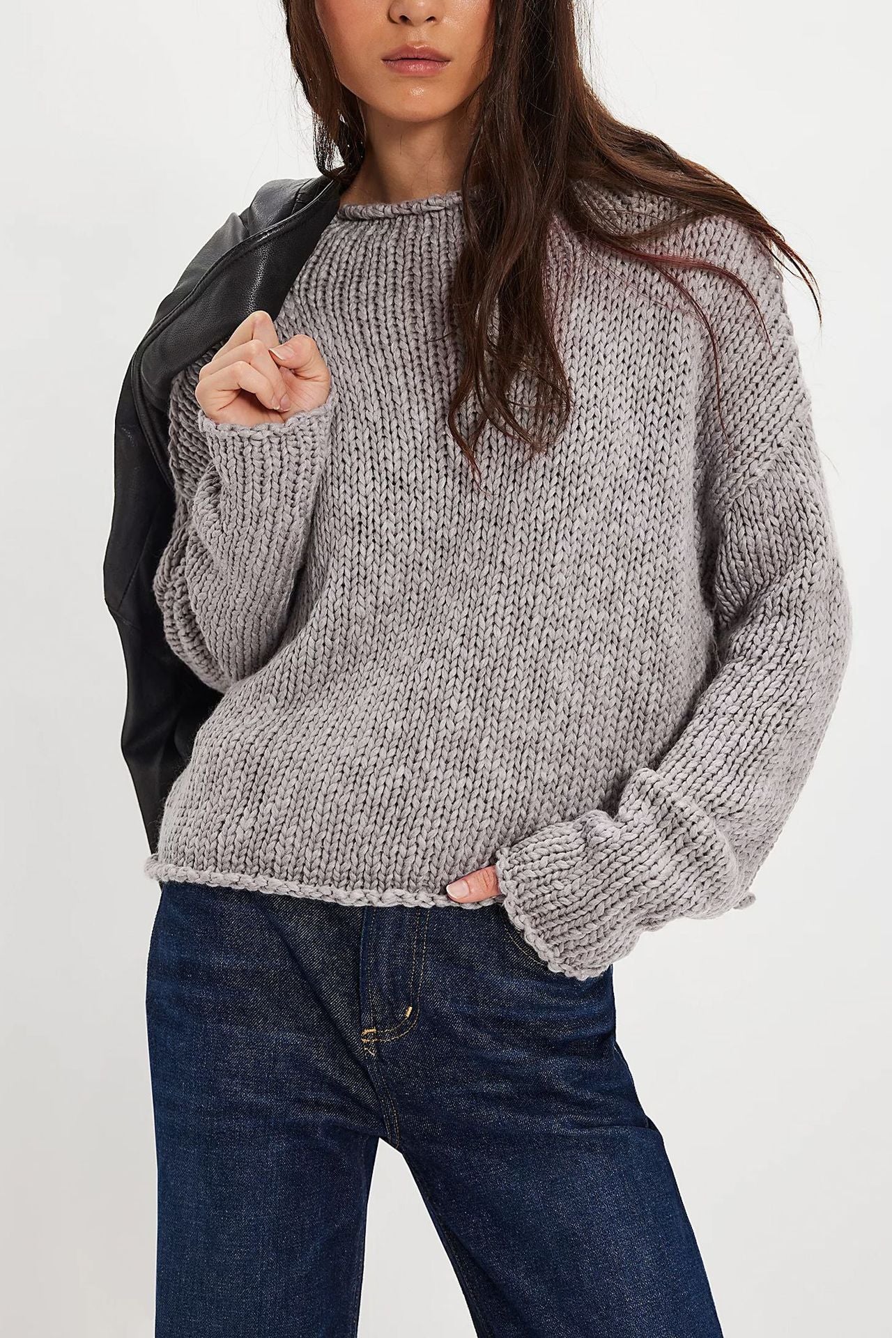 Thick Hand Knit Textured Sweater Crew Neck Long Sleeve Cropped Oversized Top