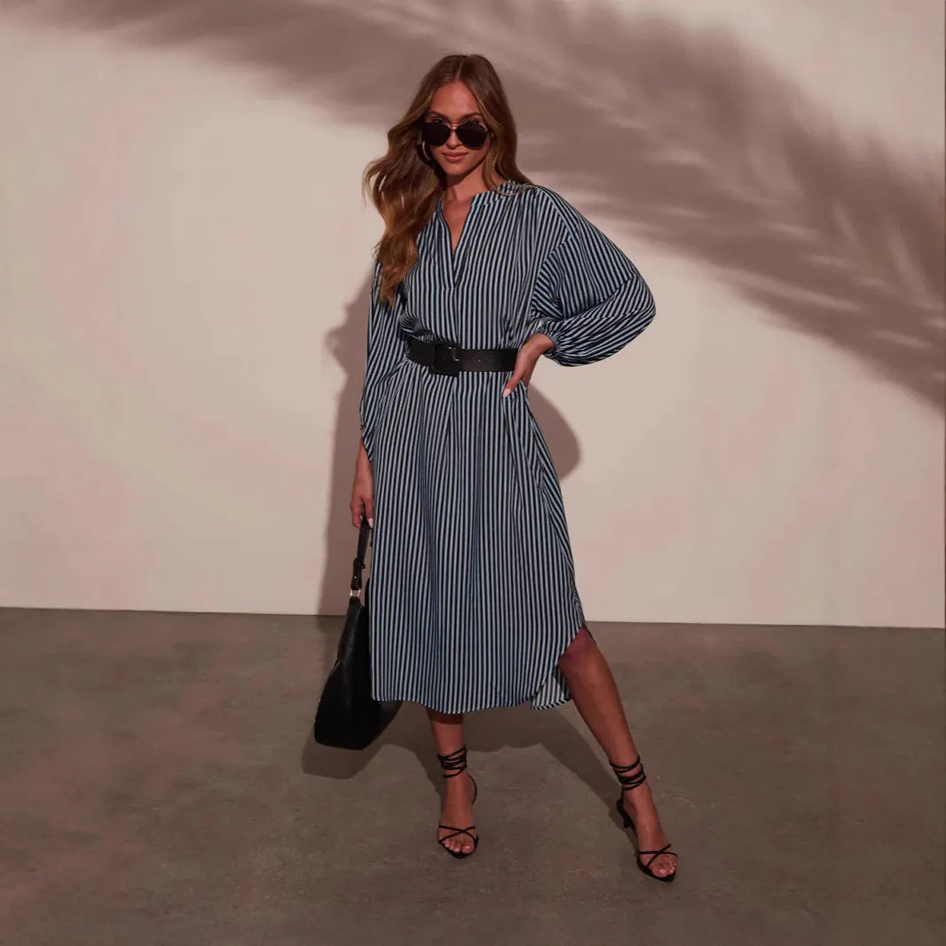 Stripe Balloon Sleeve Midi Shirt Dress With Belt