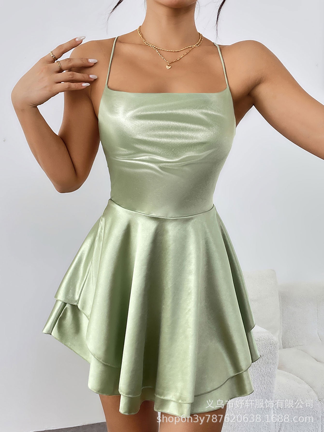 Square Neck Satin Spaghetti Strap Mini Dress