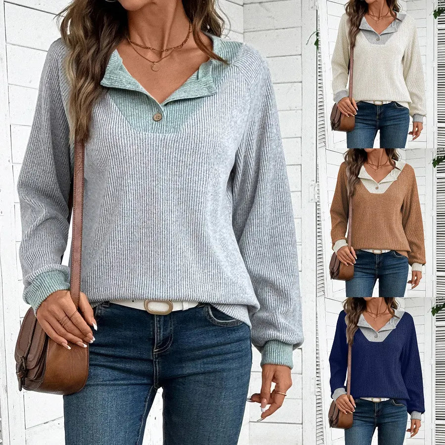 Contrast Collar Henley Knit Sweater
