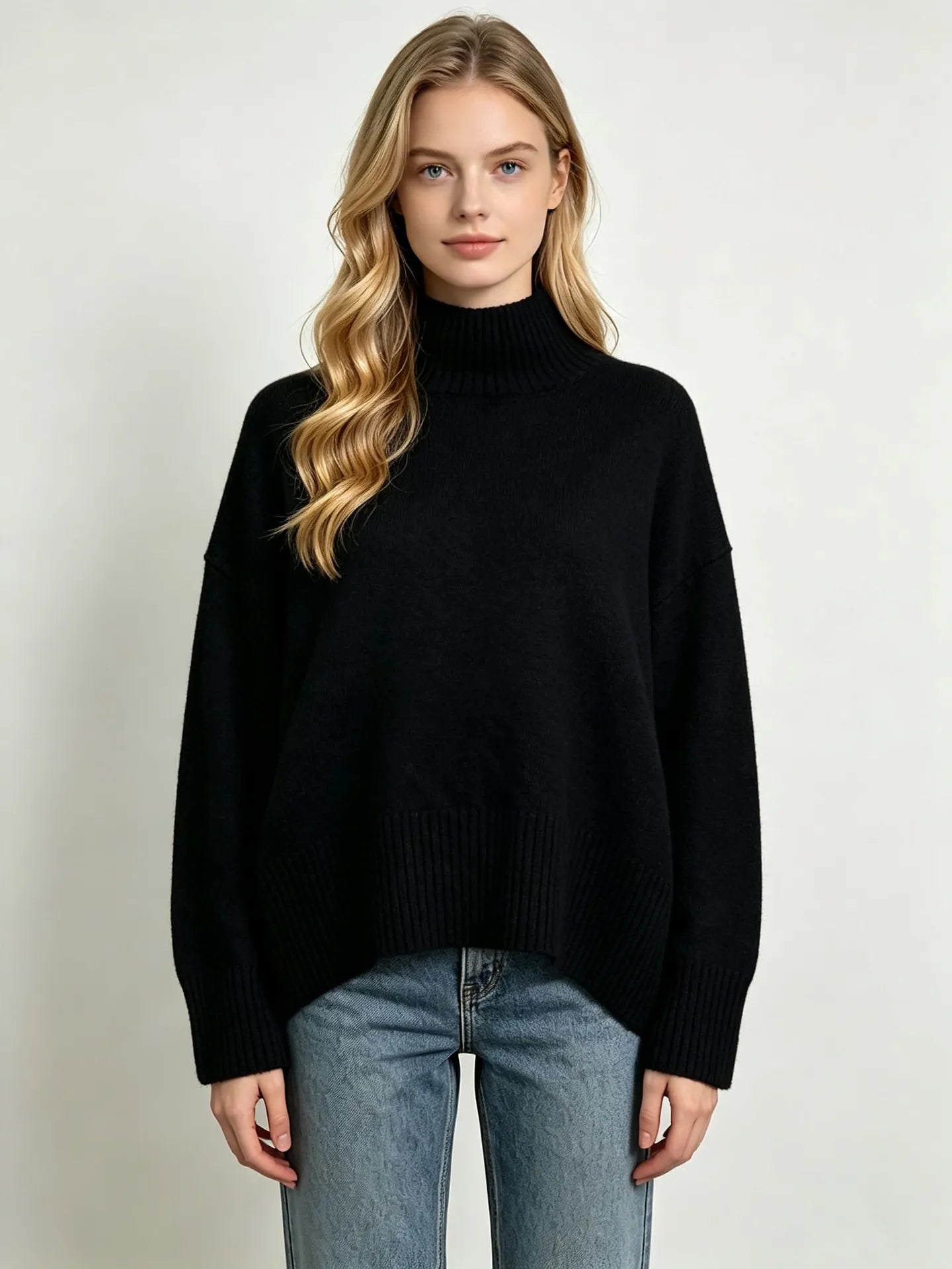 Semi Turtleneck Solid Color Knit Pullover Sweater