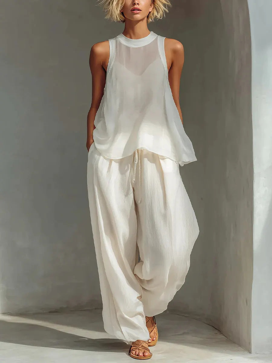 Sleeveless High Neck Flowy Top & Wide Leg Linen-Blend Pants Set