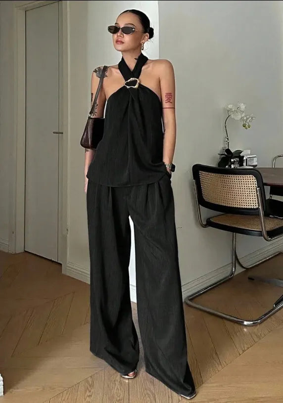 Linen Halter Top Wide Leg Pants Matching Two Piece Set