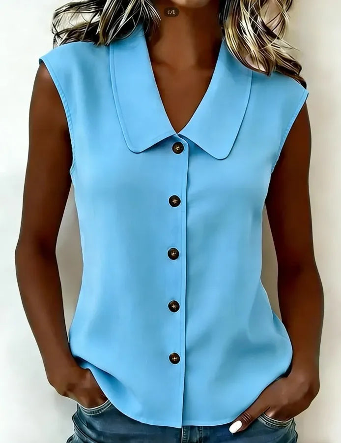 Solid Color Sleeveless V-Neck Button Down Blouse
