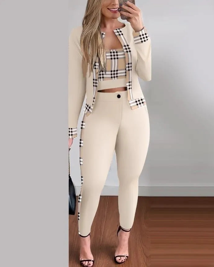 Elegant Plaid 3 Piece Suit, Long Sleeve Contrast Trim Jacket Cami And High Waist Trousers