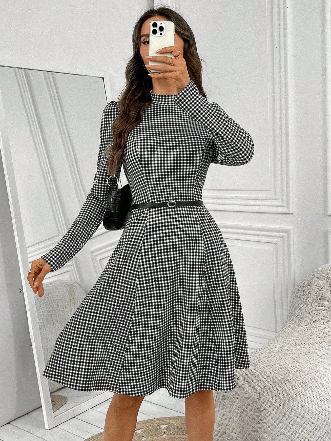 Gingham Stand Collar A-Line Mini Dress