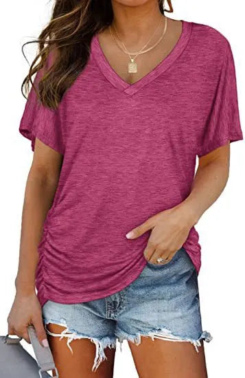 V-Neck Solid Color Loose Short Sleeve Rayon Blend Casual T-shirt