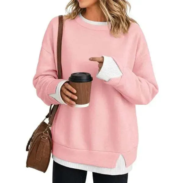 Fake Two Piece Sweatshirt, Black Base with Black White Stripe Cuff & Hem Detail