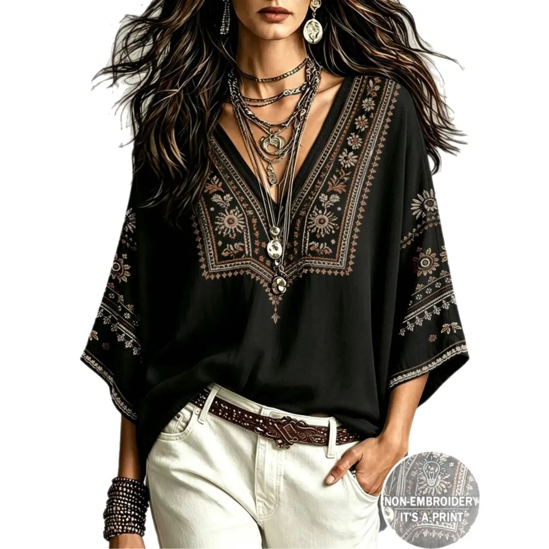 Boho Leaf Print V Neck Blouse | 3/4 Kimono Sleeve Loose Casual Tunic Top