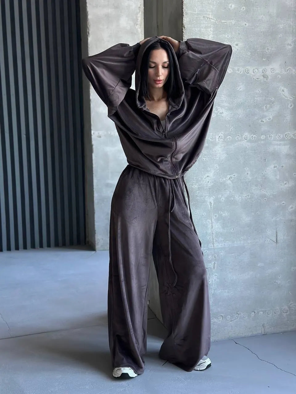 Solid Casual Long Sleeve Top & Wide Leg Pants Streetwear