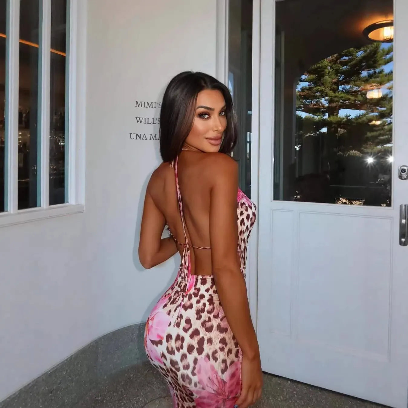 Leopard & Floral Print Halter Neck Bodycon Maxi Dress