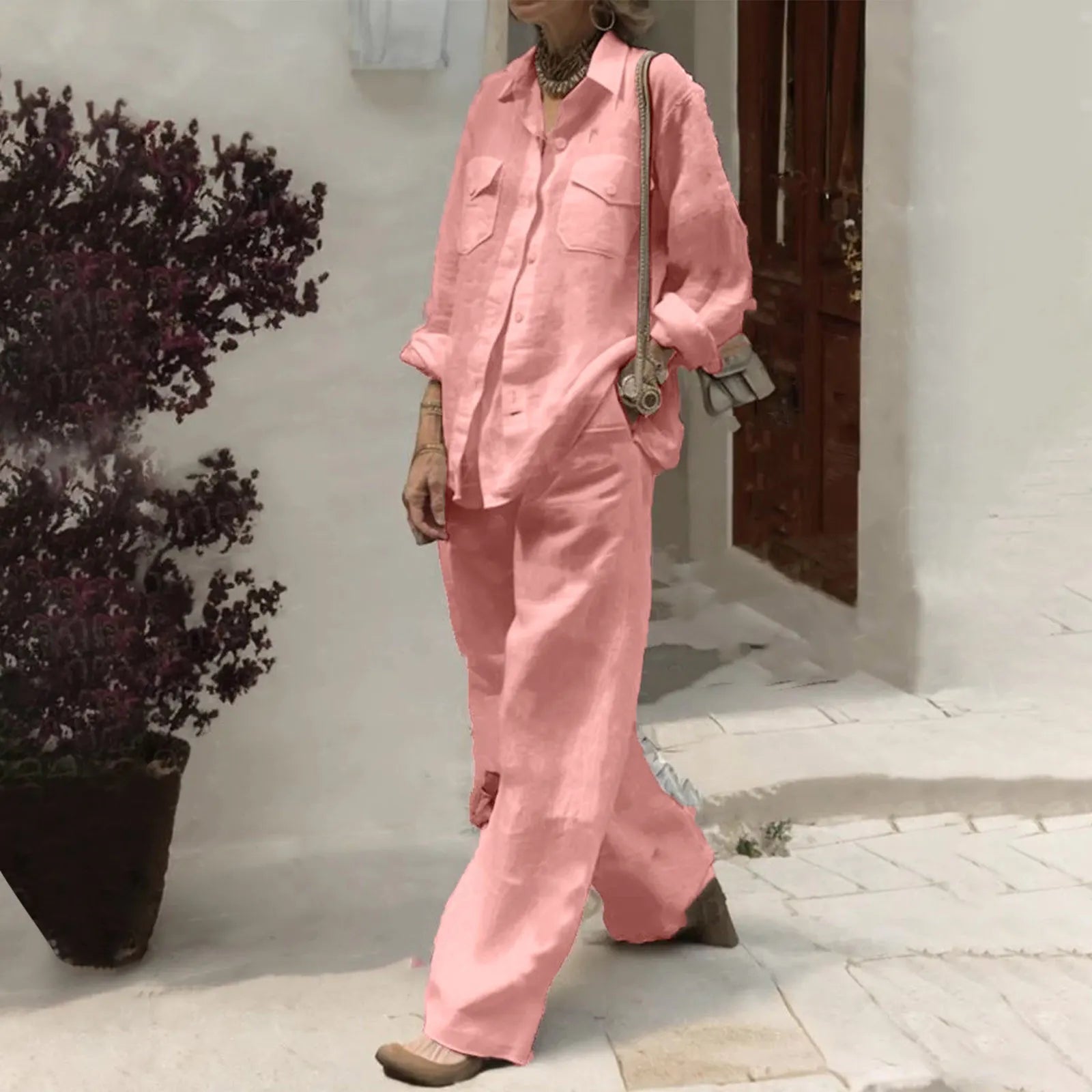 Linen Blend 2-Piece Outfit, Long Sleeve Button-Down Shirt and Wide Leg Pants Set