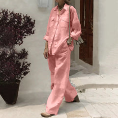 Linen Blend 2-Piece Outfit, Long Sleeve Button-Down Shirt and Wide Leg Pants Set