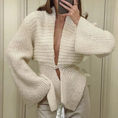 Y2K White Fuzzy Knit Cropped Cardigan One Hook Closure Bell Sleeve Asymmetric Hem Fall Sweater