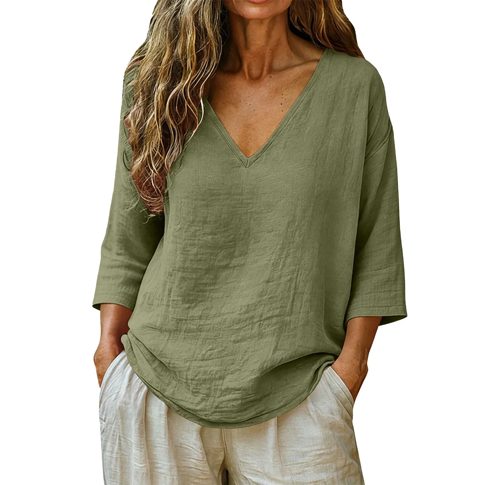 V-Neck Solid Color Loose Three-Quarter Sleeve Casual Polyester Tee