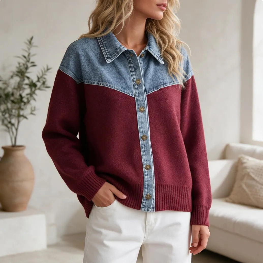 Western Style Denim & Knit Patchwork Sweater, Long Sleeve Button Front Contrast Collar Knit Jacket