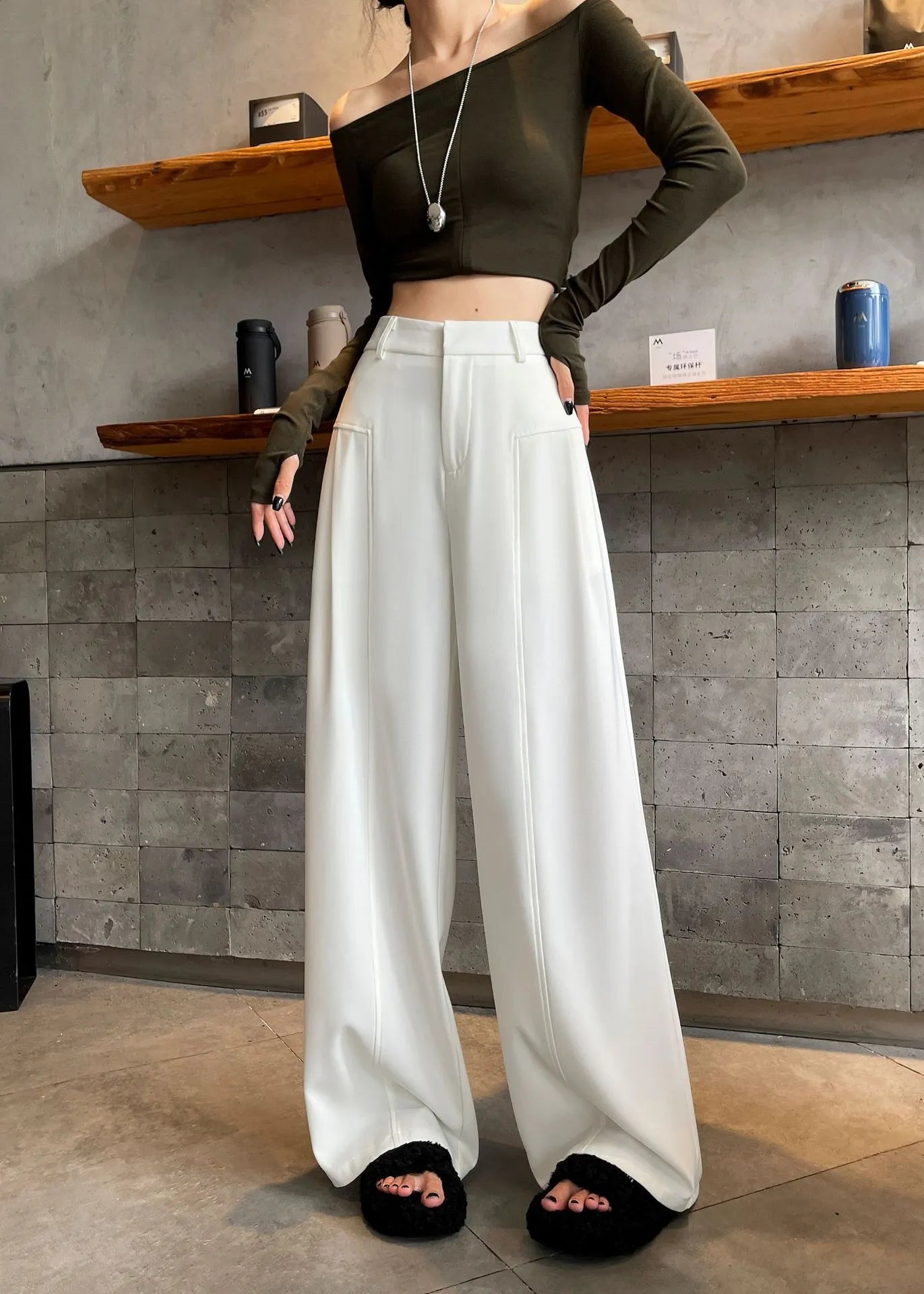 Matching Flowy Linen Look Mid Waist Pleated Wide Leg Straight Commuter Casual Long Pants