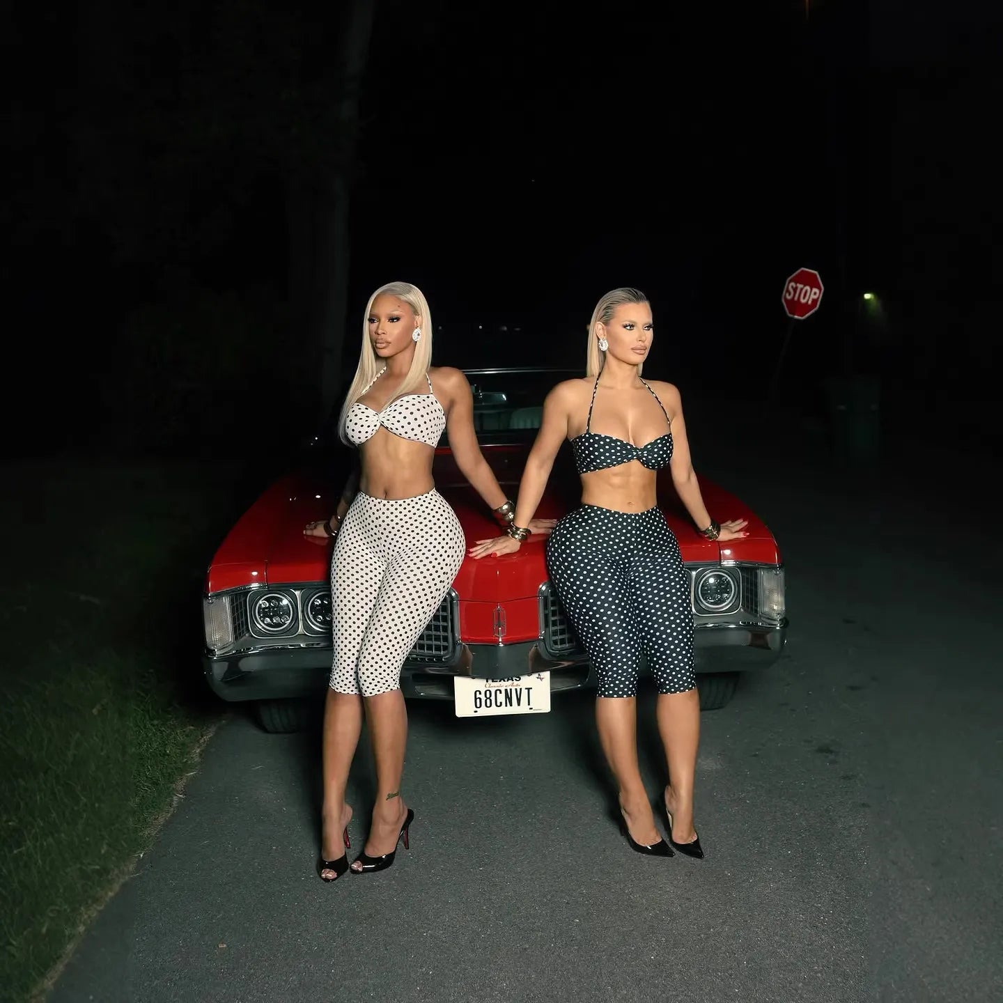 Polka Dot Halter Cutout Crop Top & Capri Pants Two Piece Set