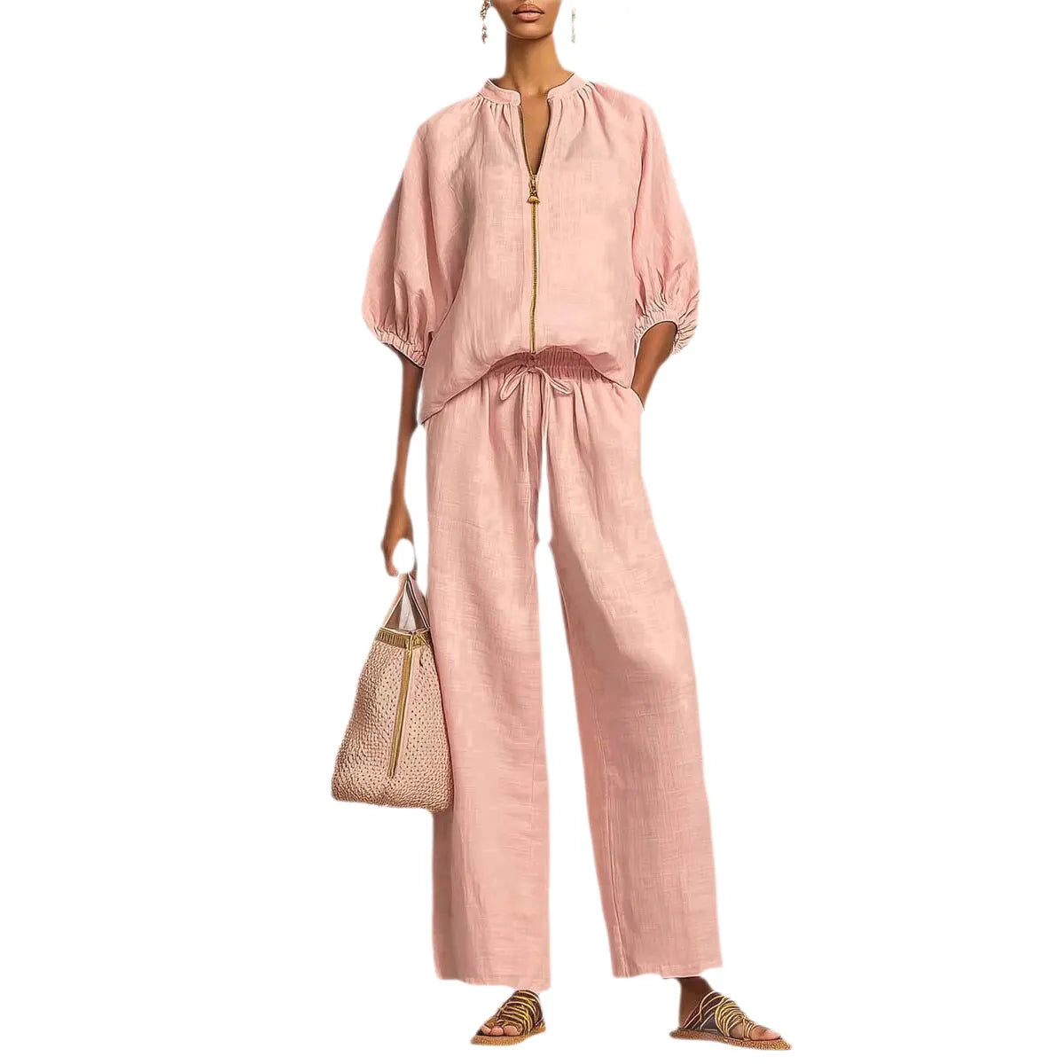 Stand Collar Gold Zip Linen 2 Piece Outfit, Puff Sleeve Drawstring High Waist Wide Leg Pocket Pants