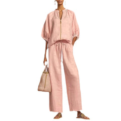 Stand Collar Gold Zip Linen 2 Piece Outfit, Puff Sleeve Drawstring High Waist Wide Leg Pocket Pants